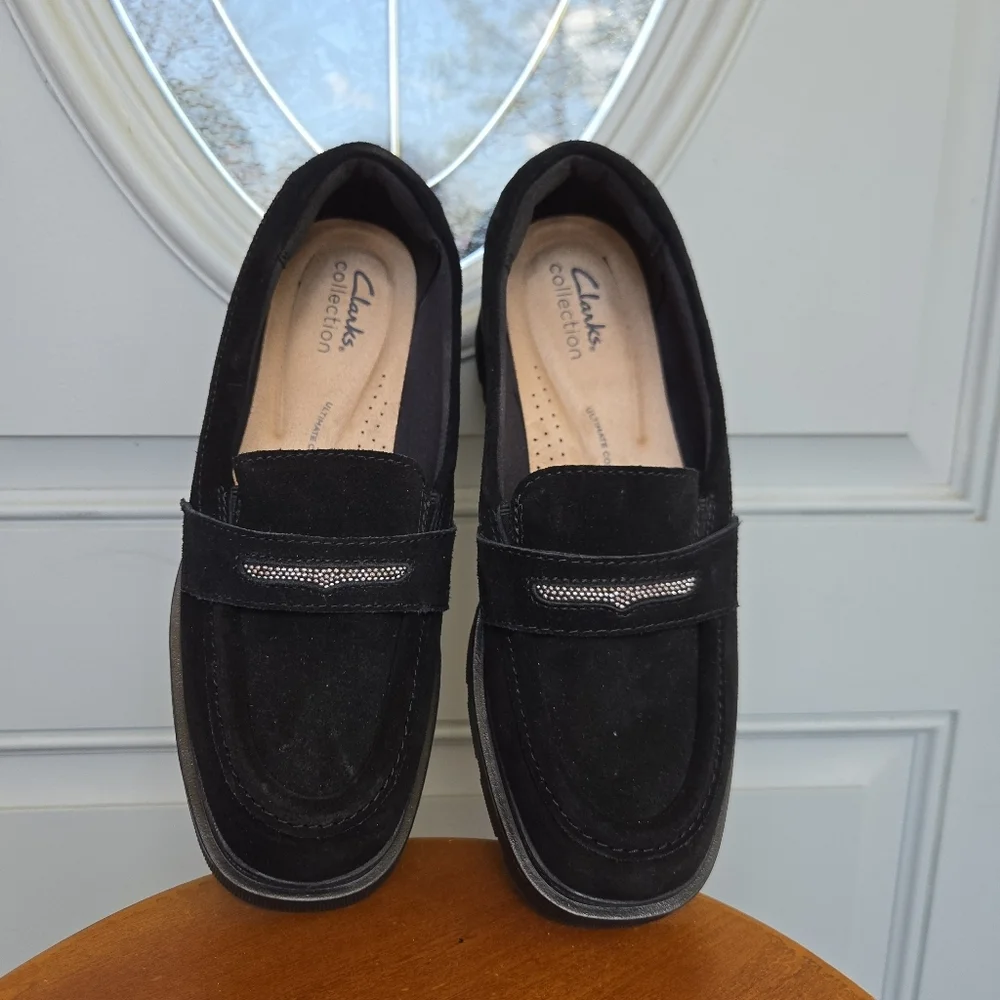 Clarks Lauryl Step Black Suede Platform Loafers